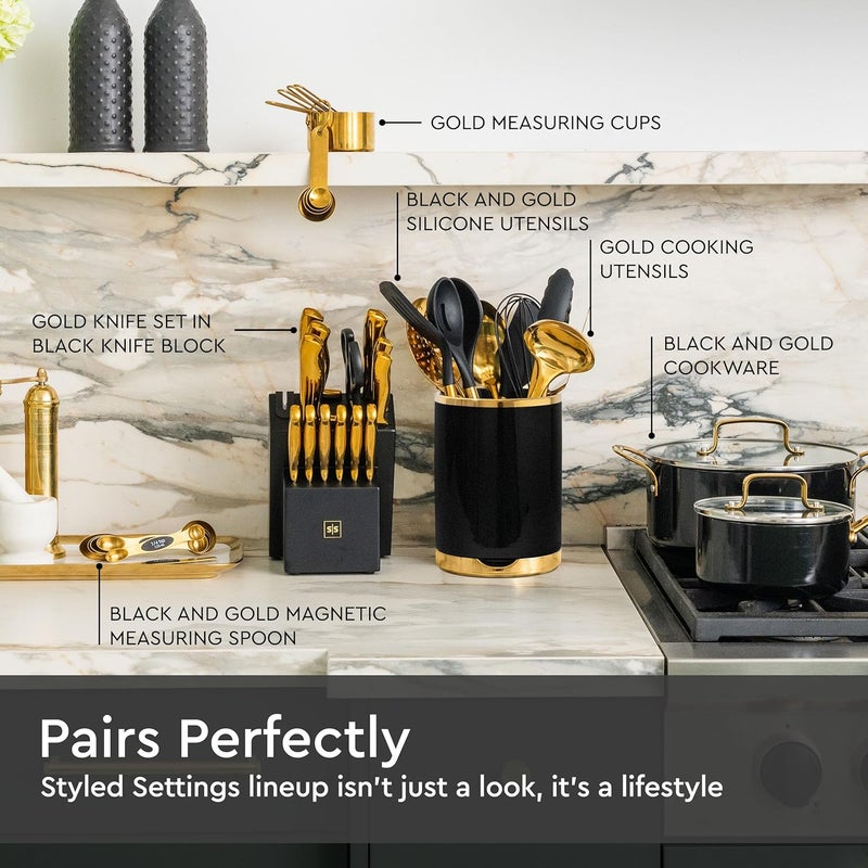 styled settings Black and Gold Utensil Holder with Built-in Spoon Rest - 2 PC Large Ceramic Utensil Holder Includes Black & Gold Spoon Rest - Luxury Kitchen Accessories - Utensils Not Included - Image 4
